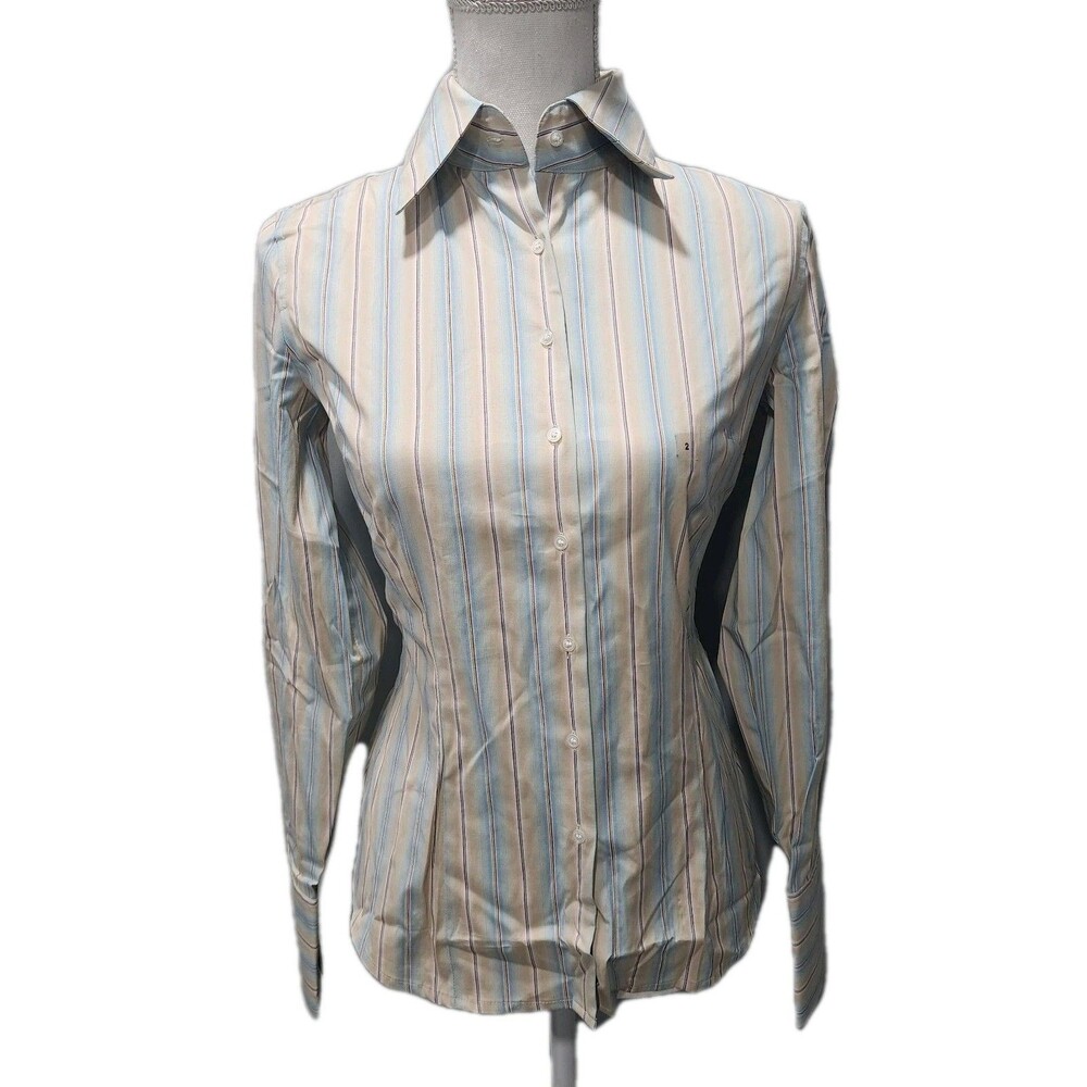 Express Women’s Button-Down Shirt in Ivory with Blue and Tan Stripes